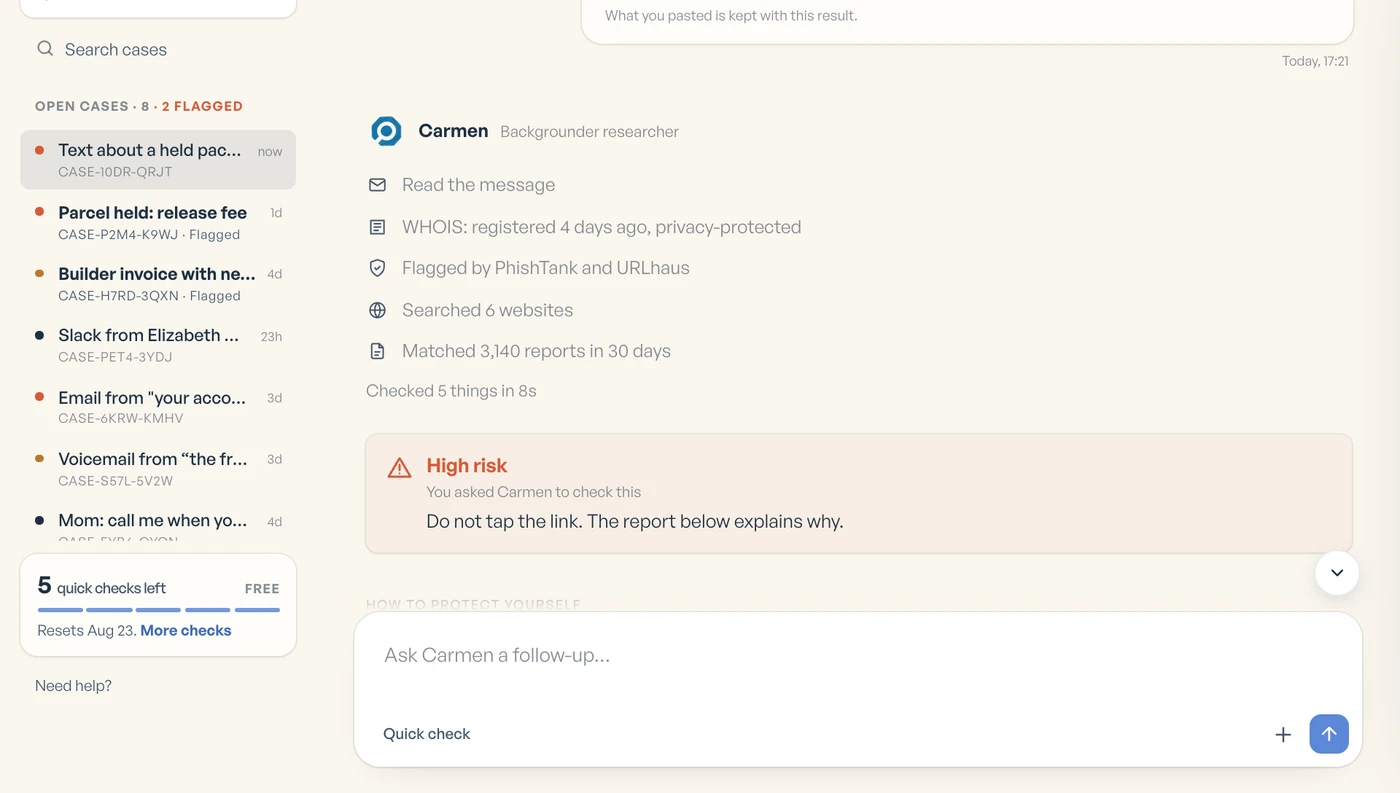 Ask Carmen checking a text about a held package: the five things it checked and a high risk verdict